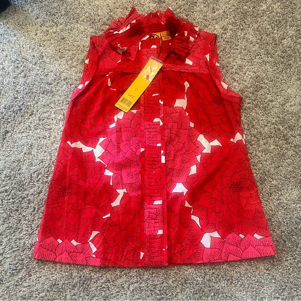 {Tory Burch} Red and Pink Floral Ruffle Button Down Tank